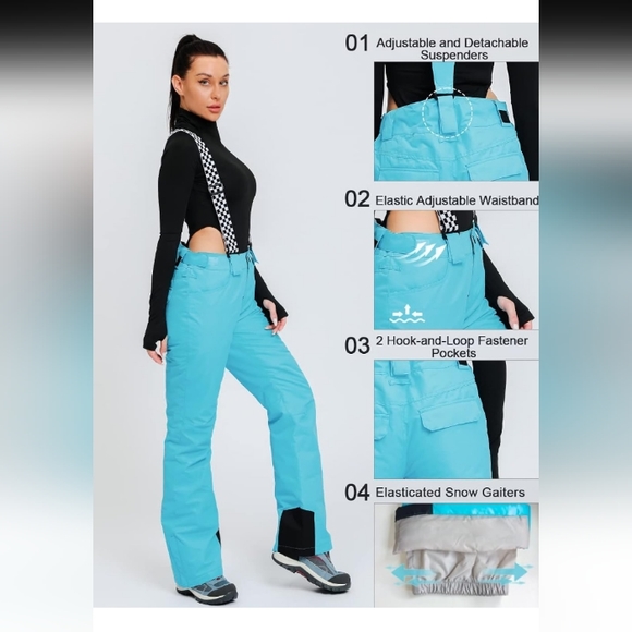 Size Medium "Ykk" Light Blue & Black Winter Pants w/ Suspenders - Picture 7 of 9